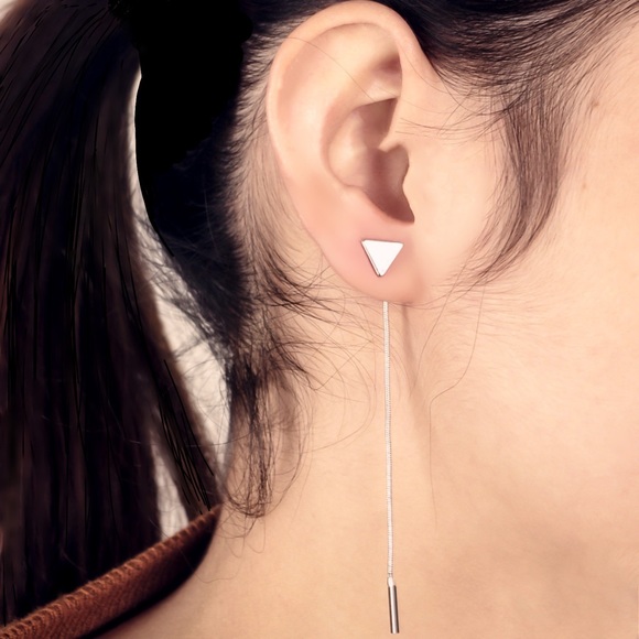 Silver Triangle Studs w/Tassel Earring Jackets - Picture 4 of 7